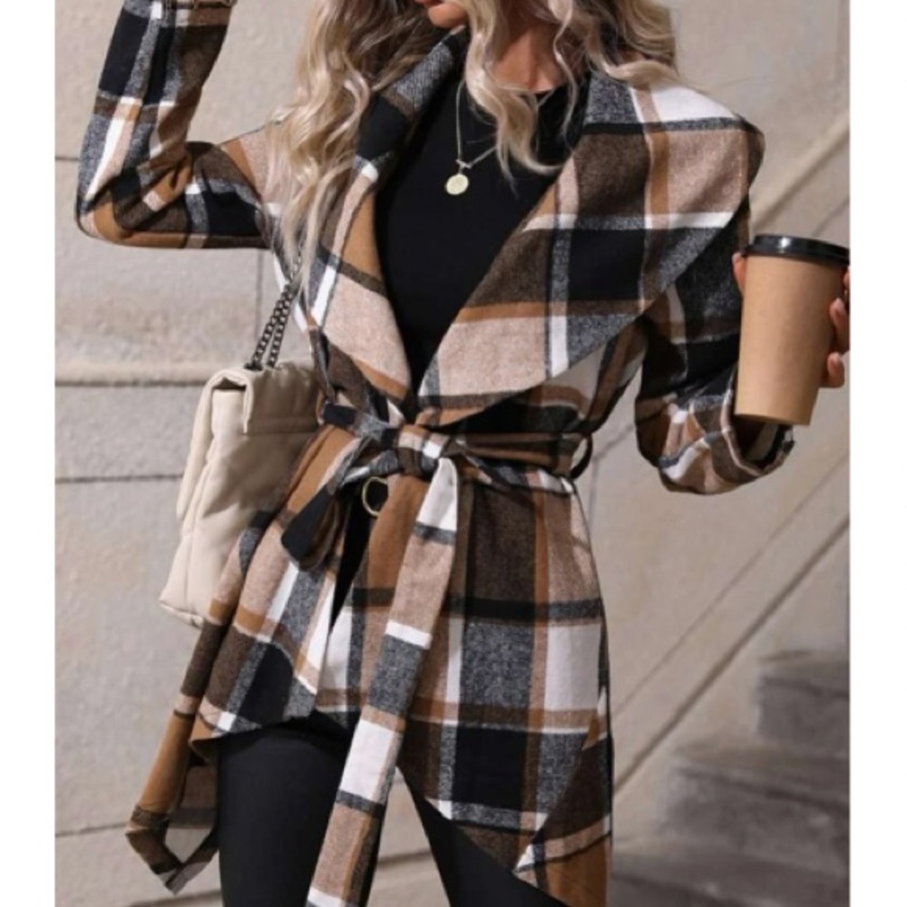 Plaid waterfall collar coat